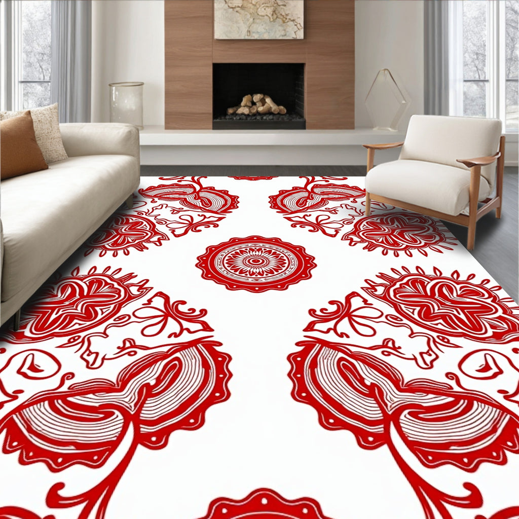 Crimson Abstract Floral Medallion Arrangement Rug