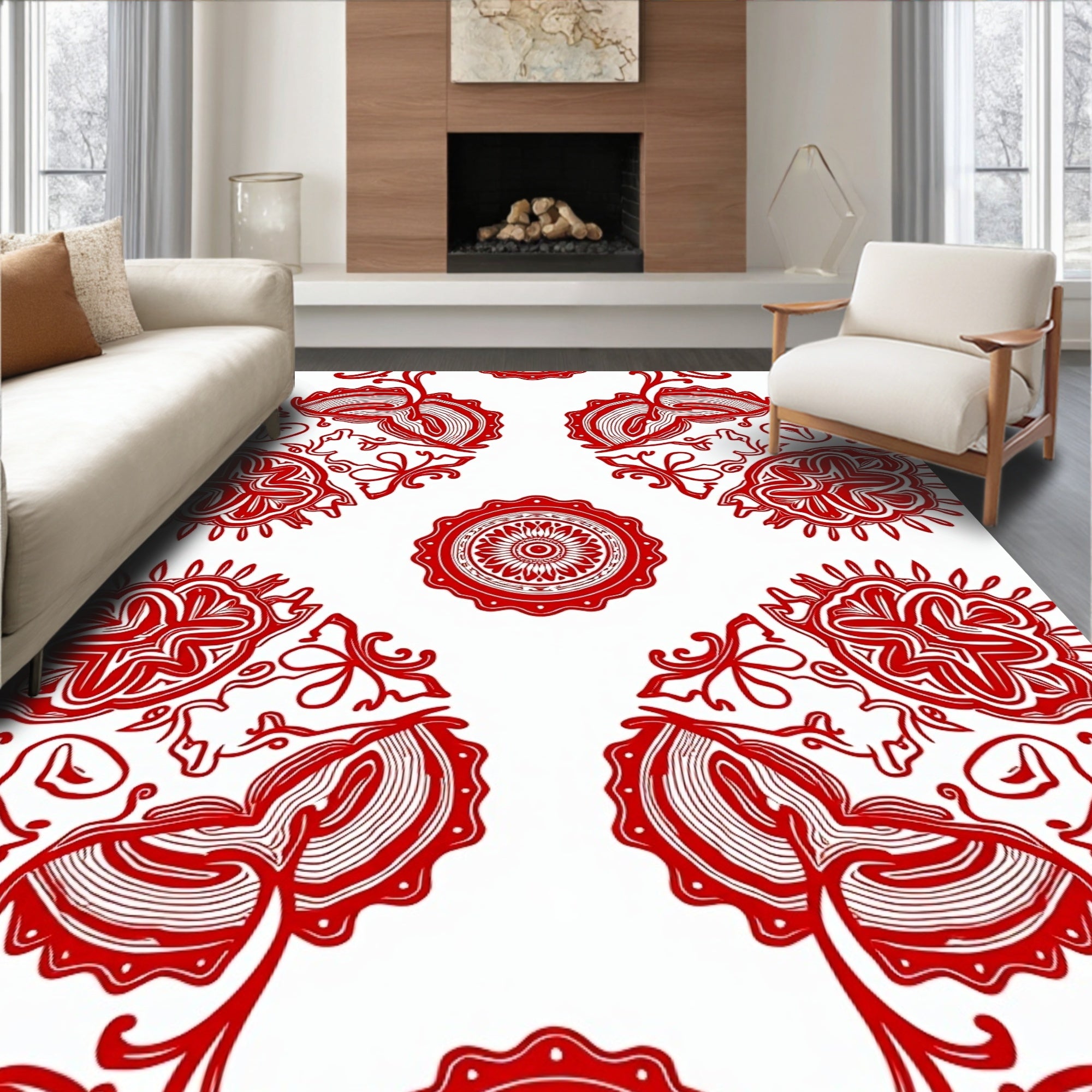 Crimson Abstract Floral Medallion Arrangement Rug