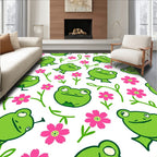Playful Green Frogs Pink Flowers Rug