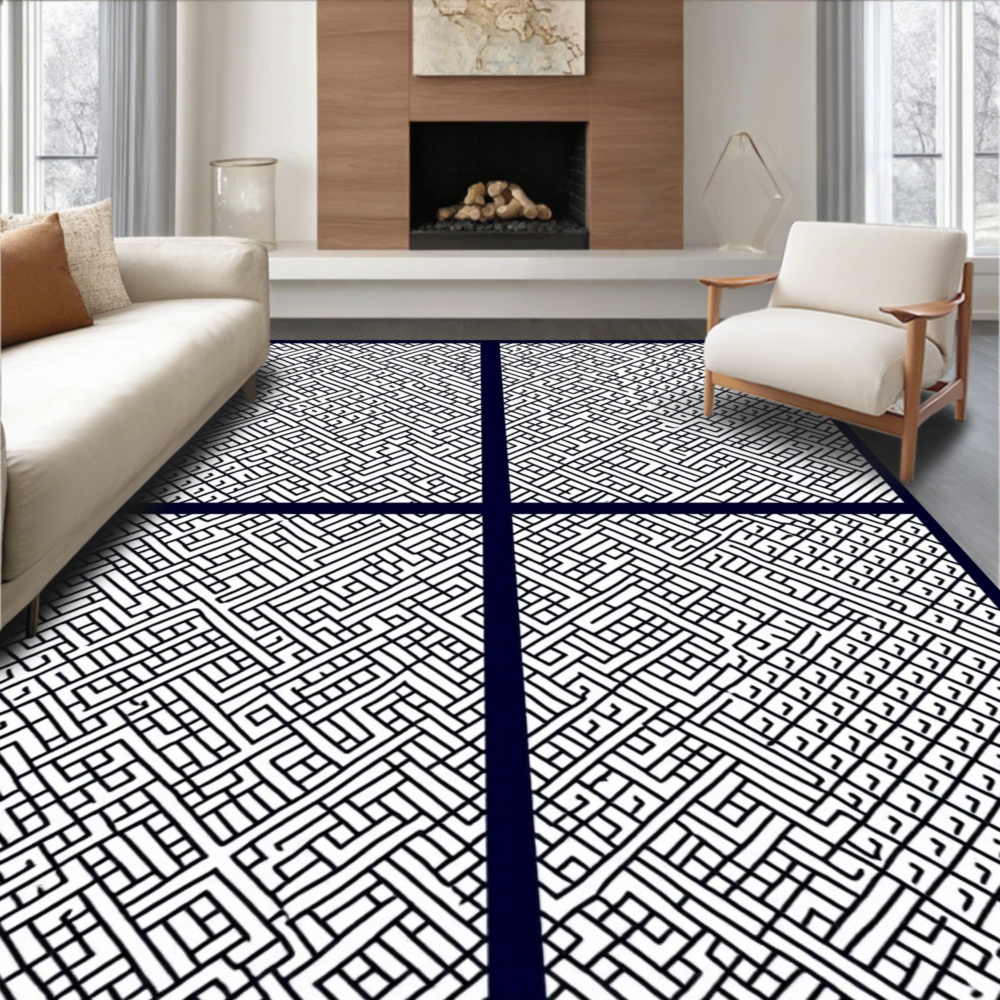 Modern White Black Interlocking Line Rug