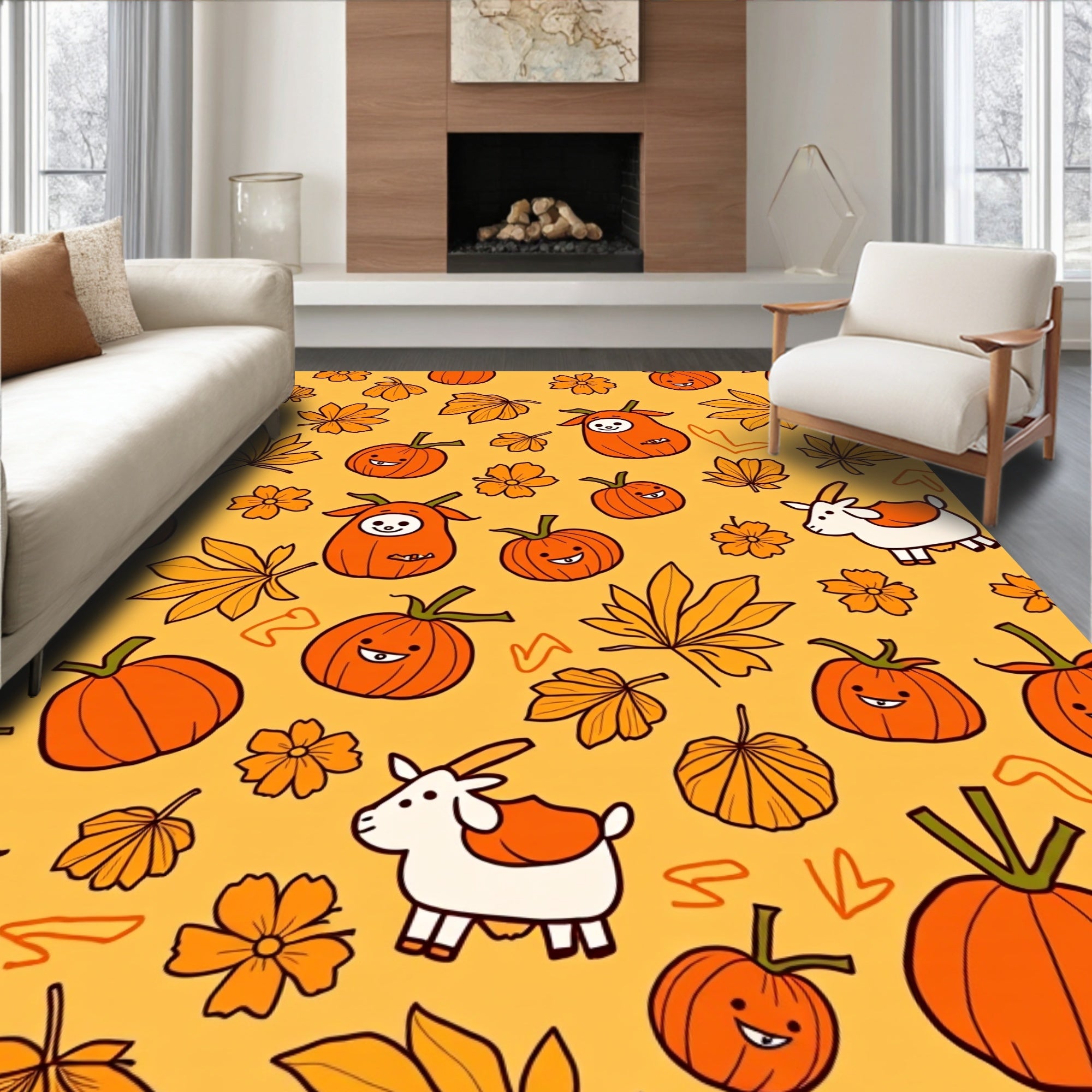 Cute Pumpkin Creatures Maple Leaf Goat Rug