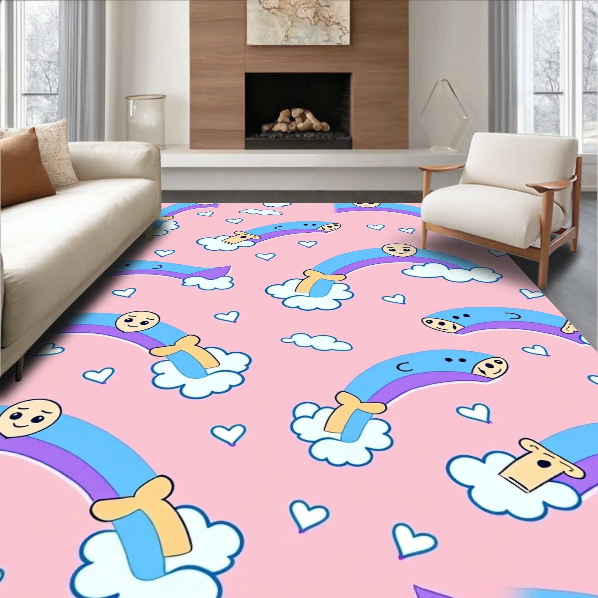 Playful Pink Rainbow Cloud Hearts Rug