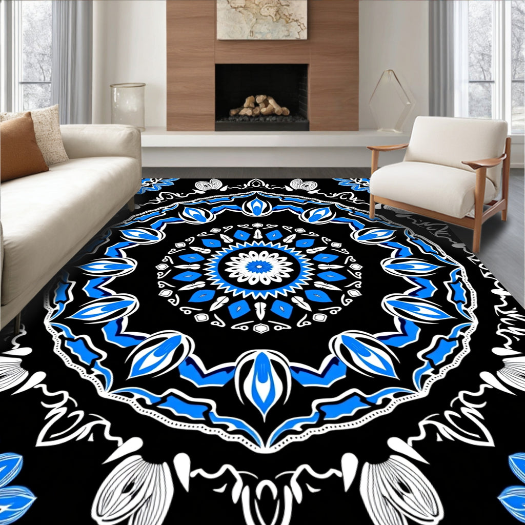 Bold Black White Blue Mandala Rug