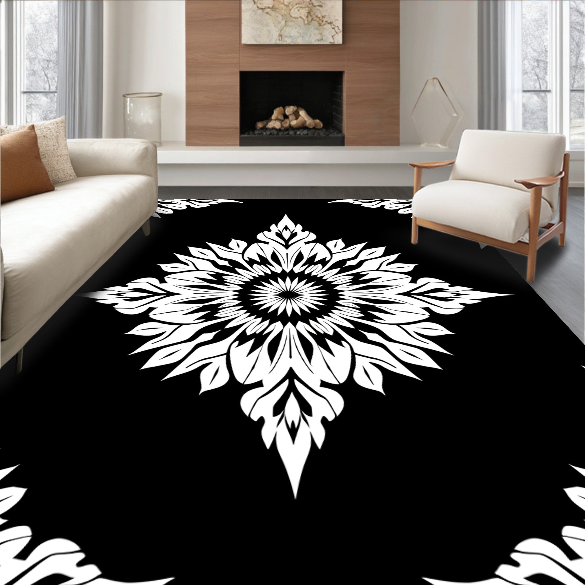 Black White Floral Medallion Art Rug