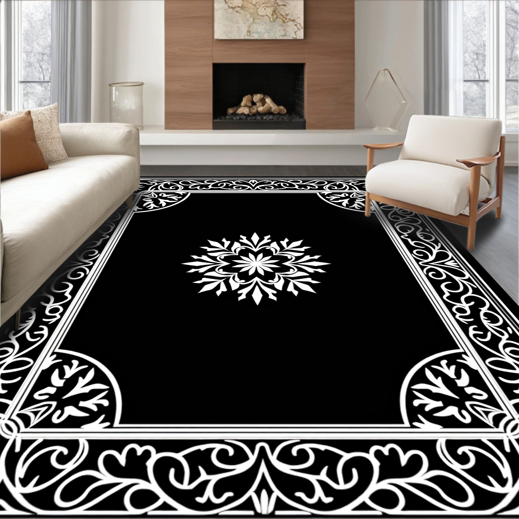 Ornate White Floral Medallion Border Rug