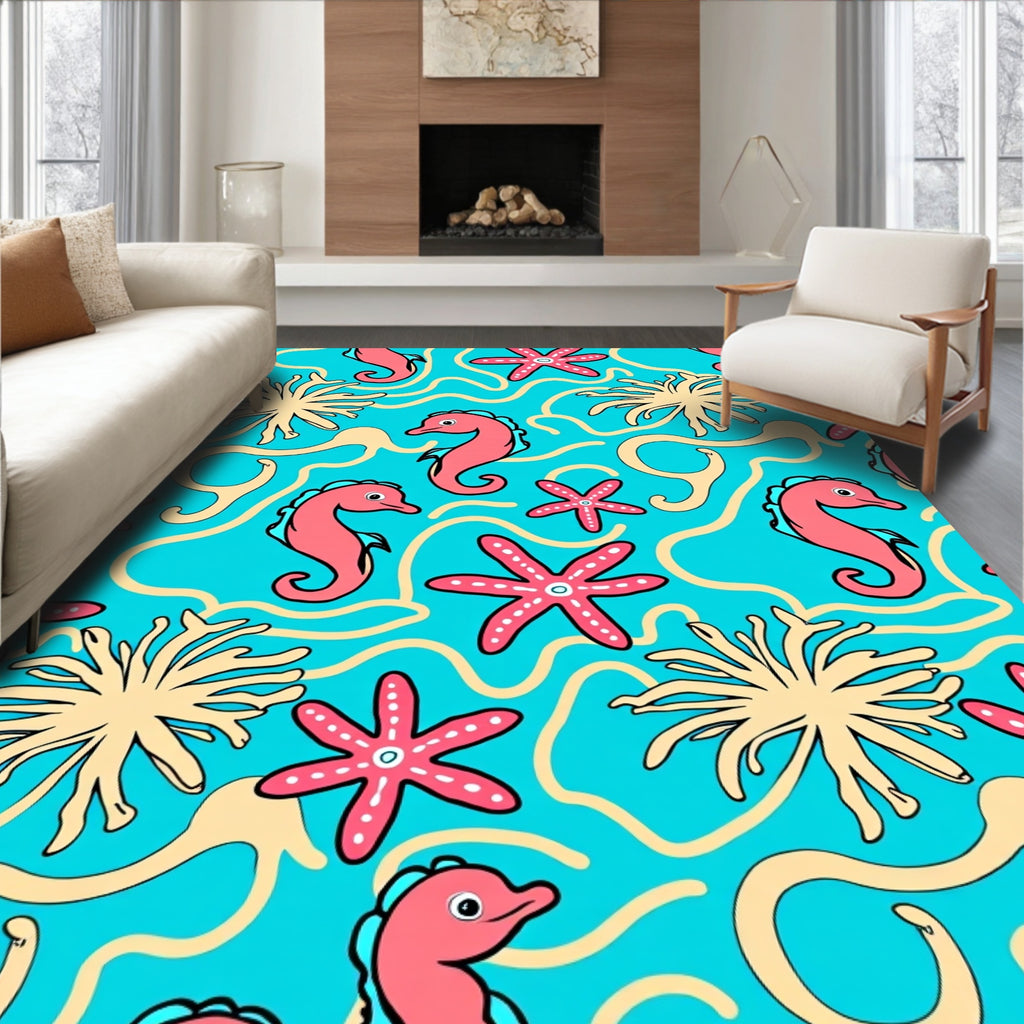 Coral Pink Seahorse Starfish Aqua Swirl Rug
