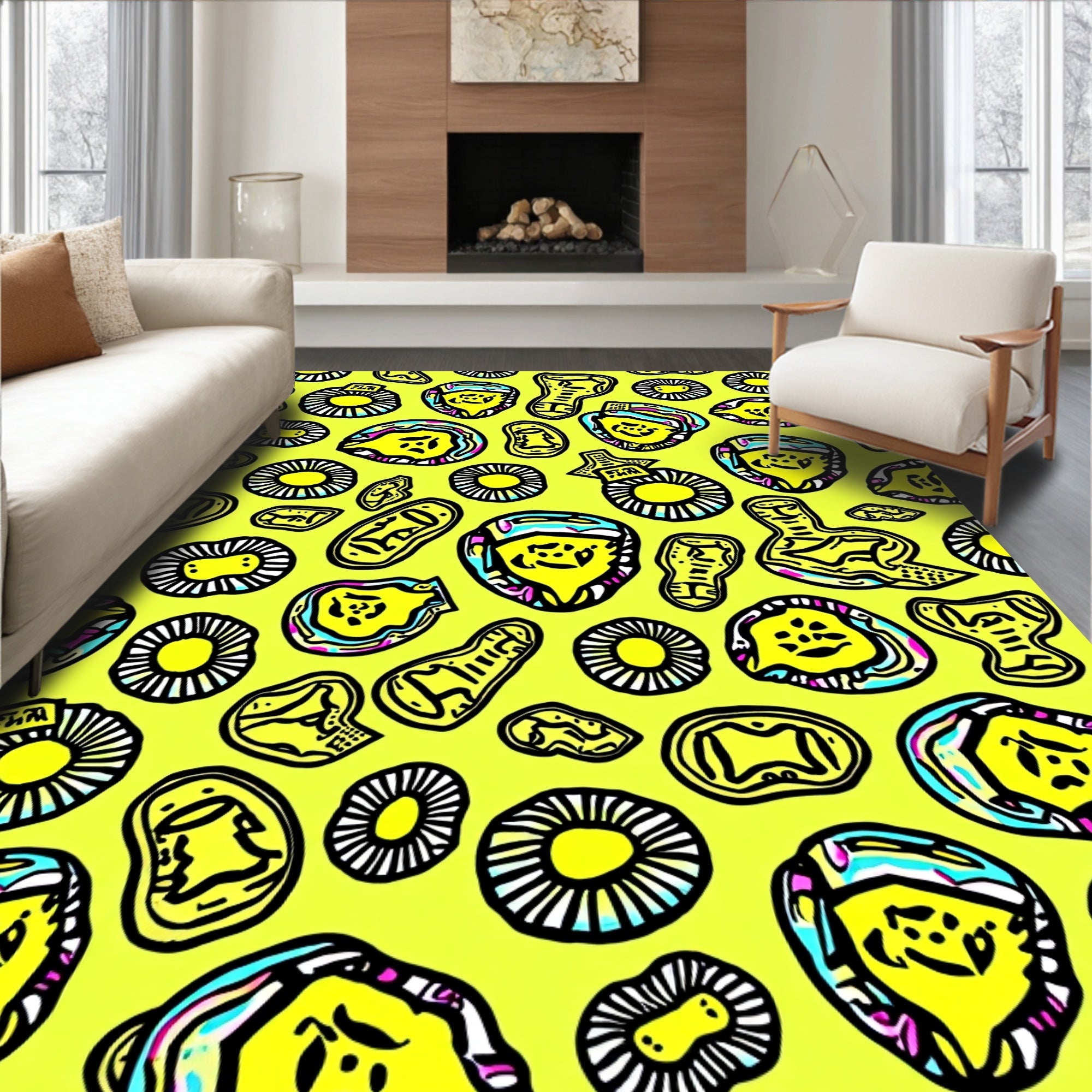 Whimsical Yellow Abstract Faces Rug