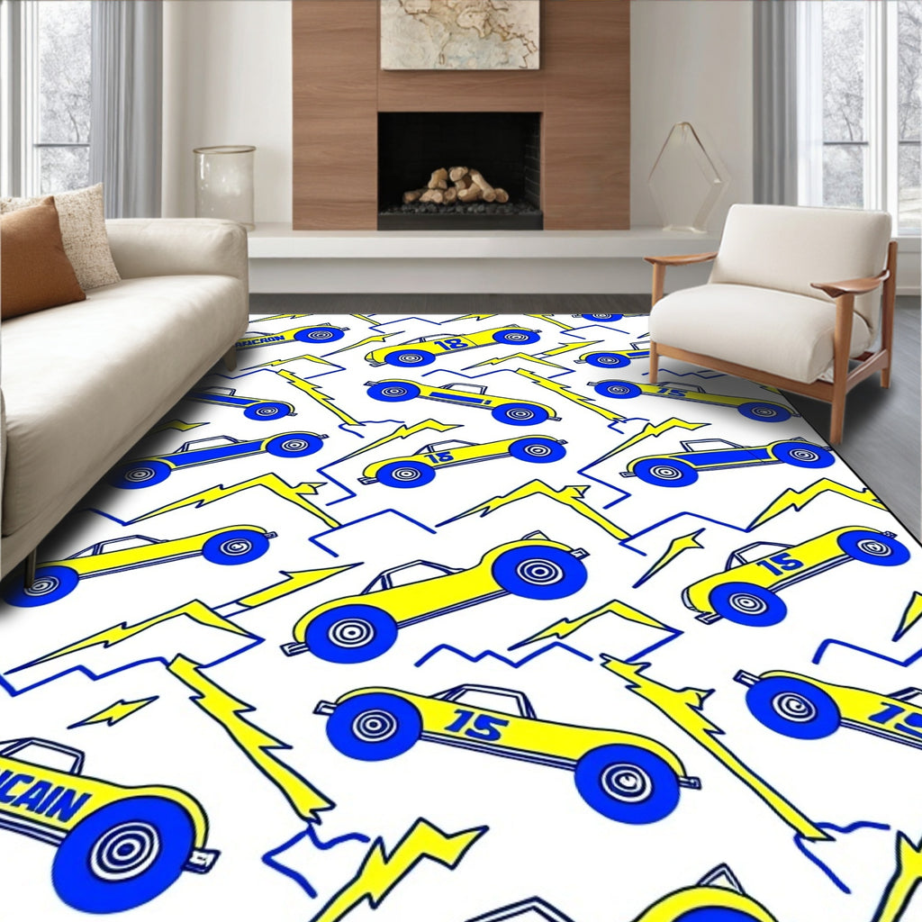 Yellow Blue Racing Cars Lightning Bolt Rug