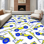Yellow Blue Racing Cars Lightning Bolt Rug