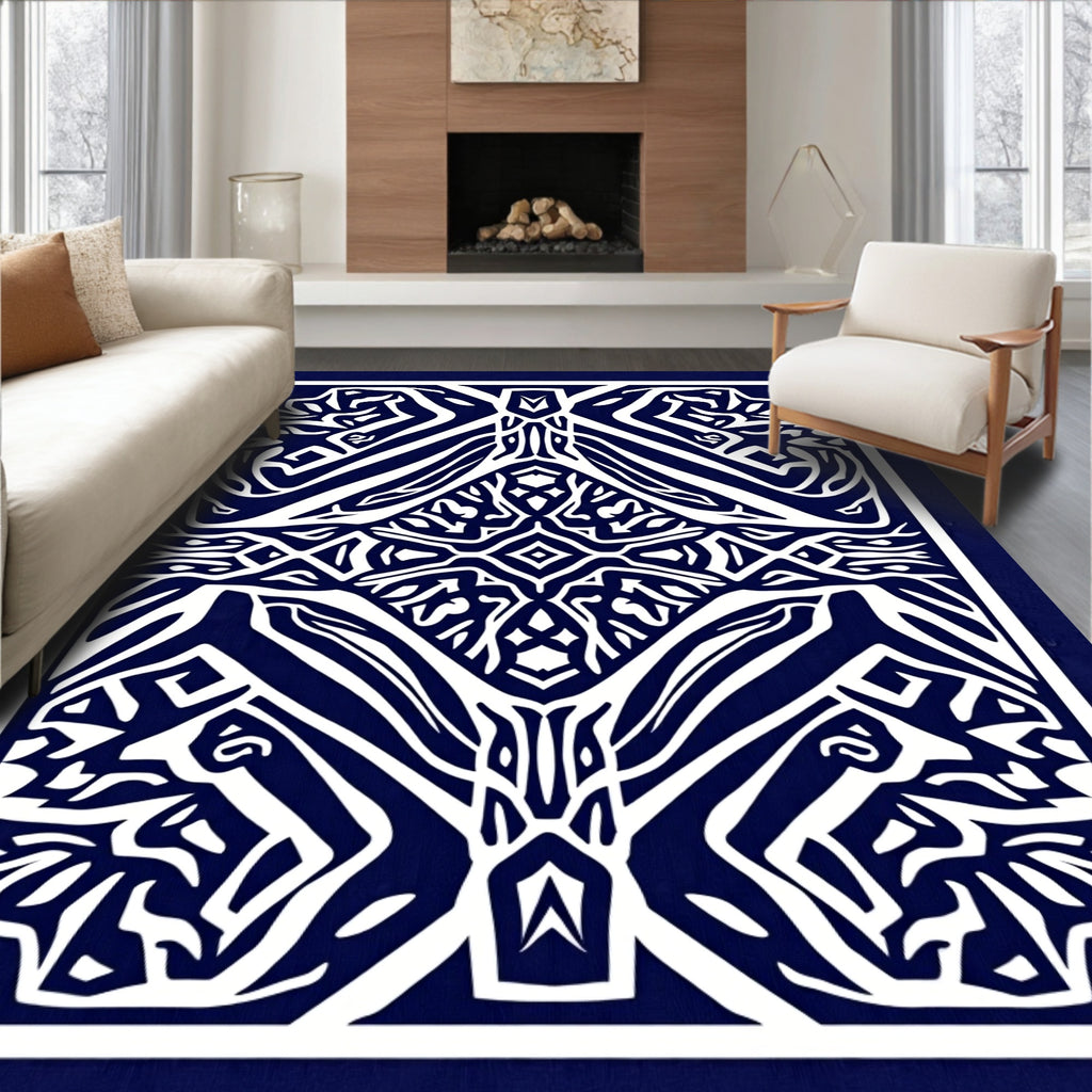 Deep Blue White Tribal Abstract Medallion Rug