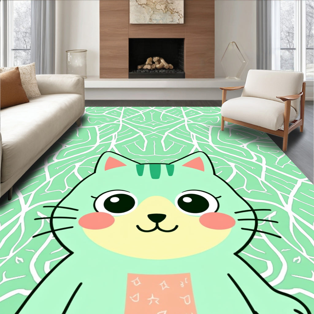 Whimsical Mint Cat Abstract Foliage Rug