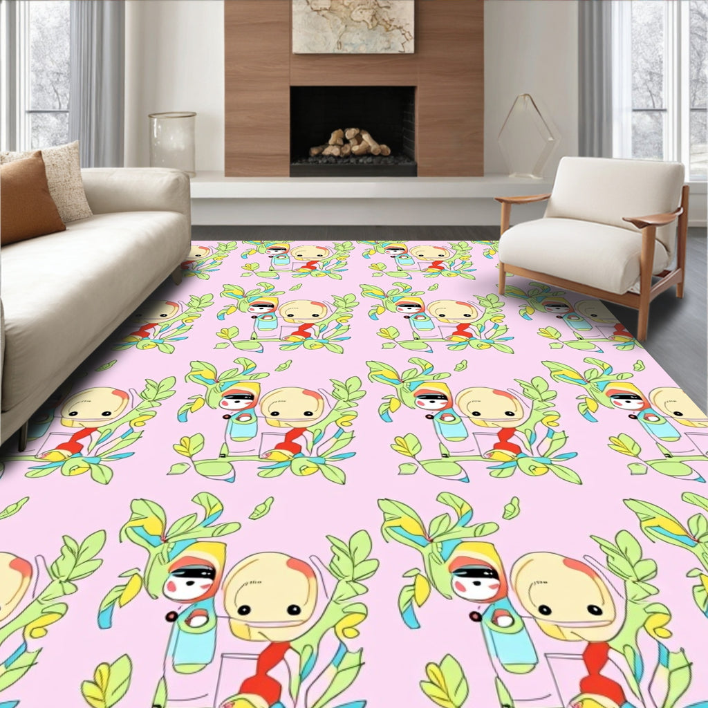 Whimsical Pink Cartoon Characters Foliage Rug