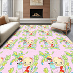 Whimsical Pink Cartoon Characters Foliage Rug