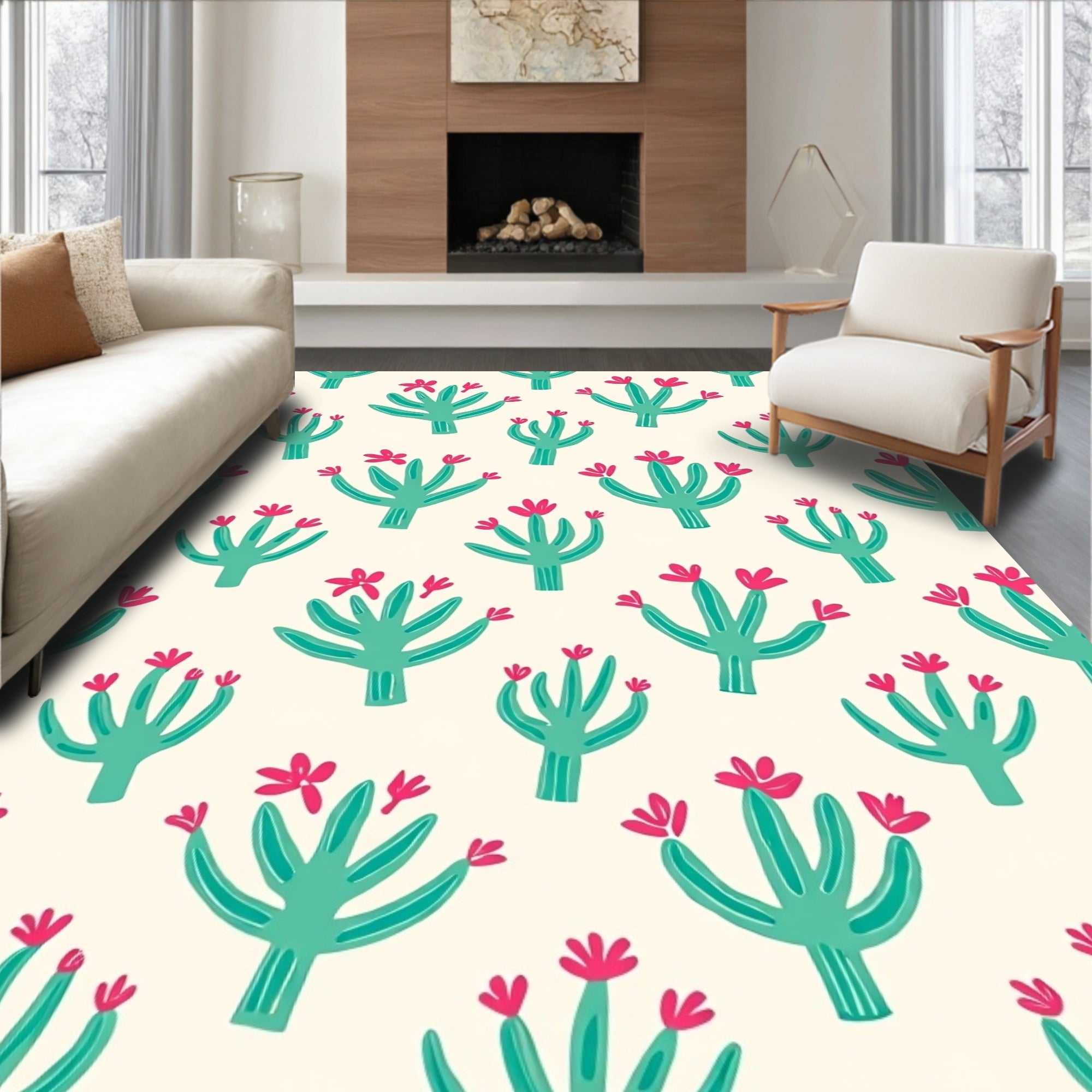 Teal Blooming Cactus Garden Rug