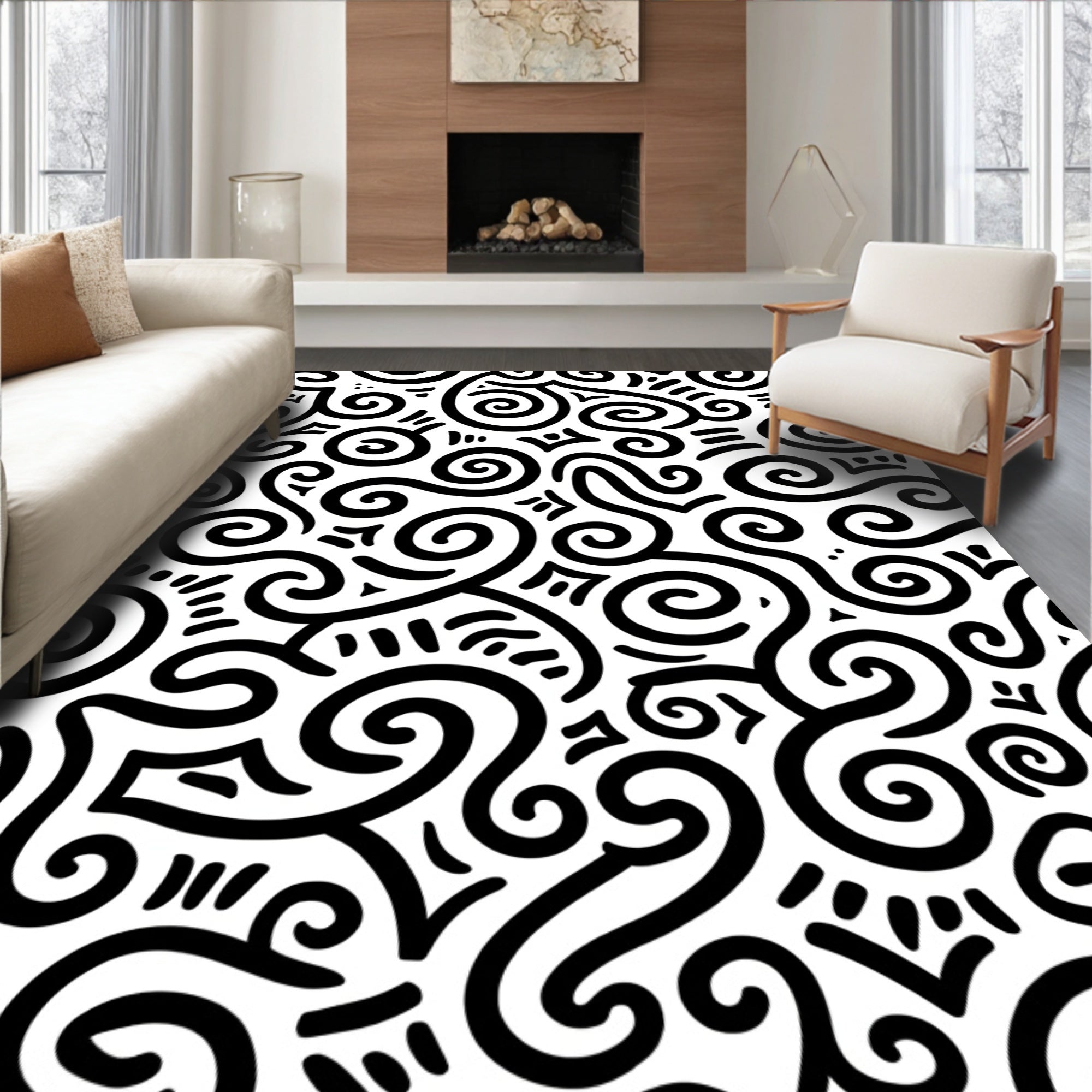 Black Swirling Lines Abstract Art Rug