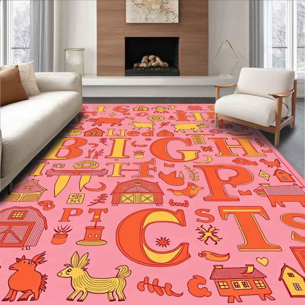 Farm Alphabet Whimsical Pink Orange Rug
