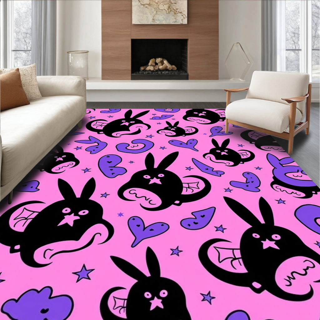 Pink Black Bat Bunny Hearts Rug