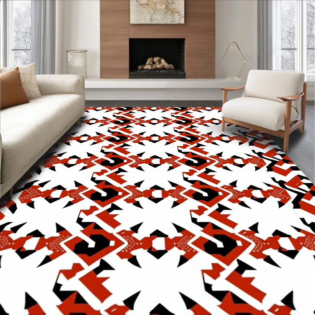 Bold Red Black Geometric Medallion Rug
