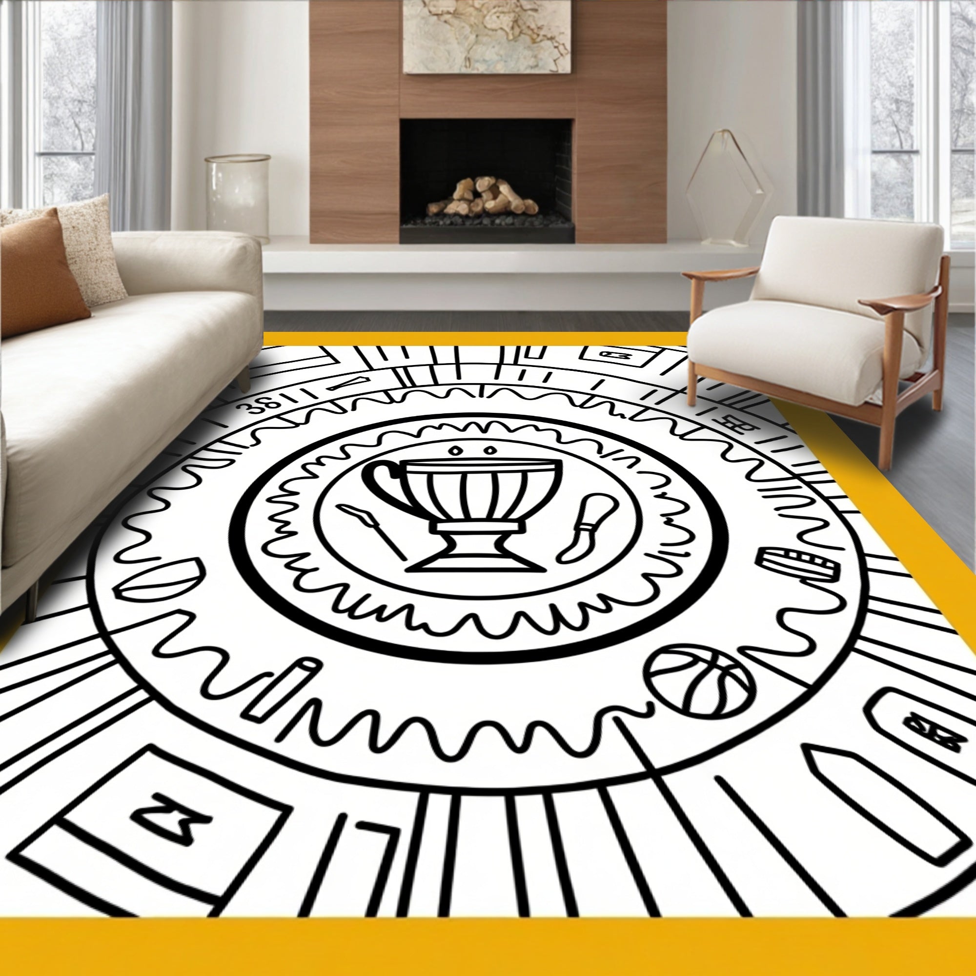 Circular Line Art With Objects Rug