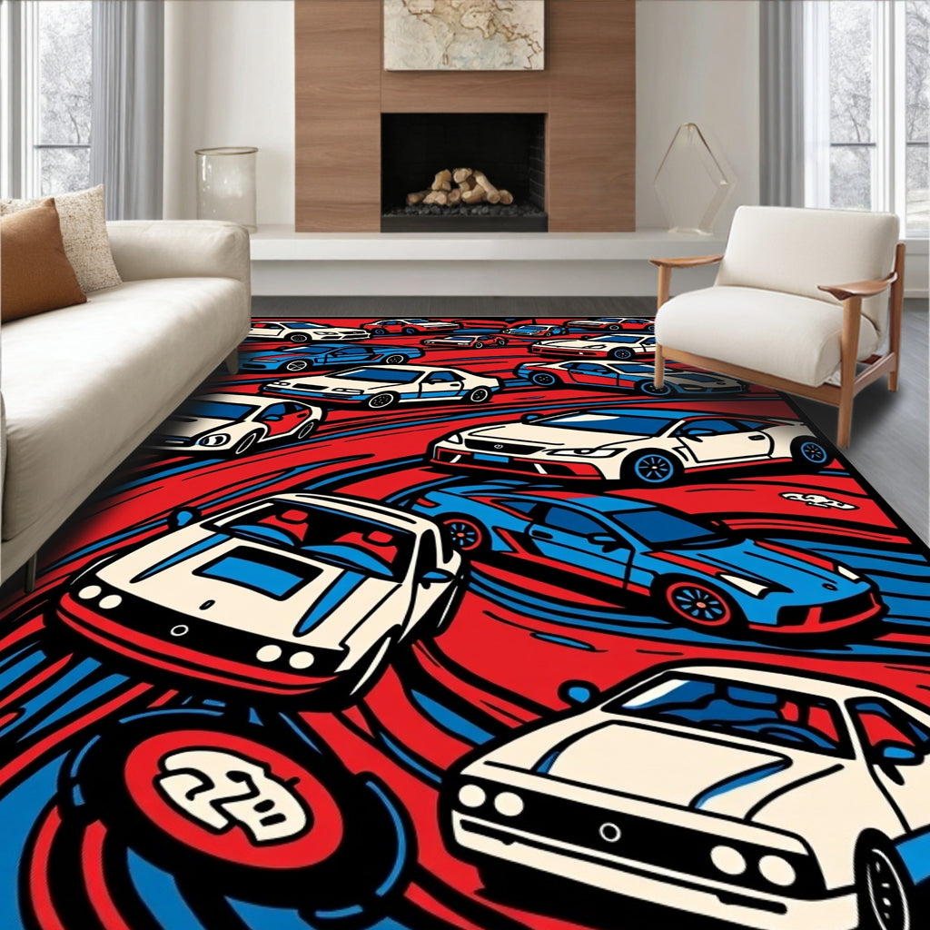 Red Blue Sporty Cars Racing Rug