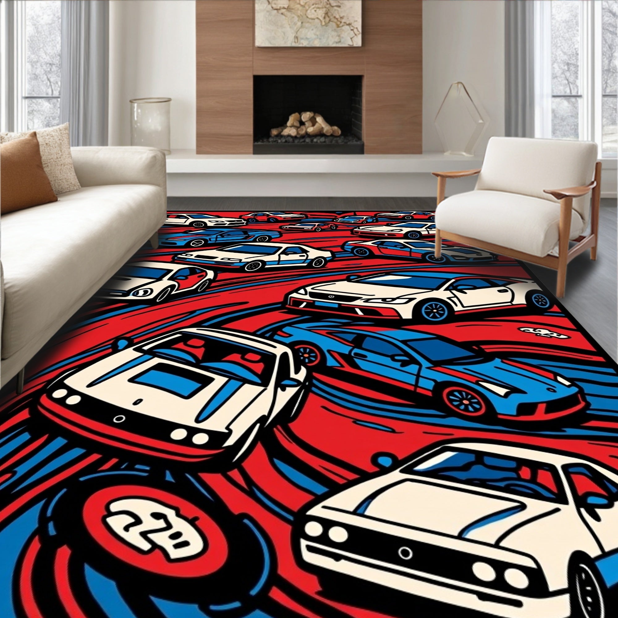 Red Blue Sporty Cars Racing Rug