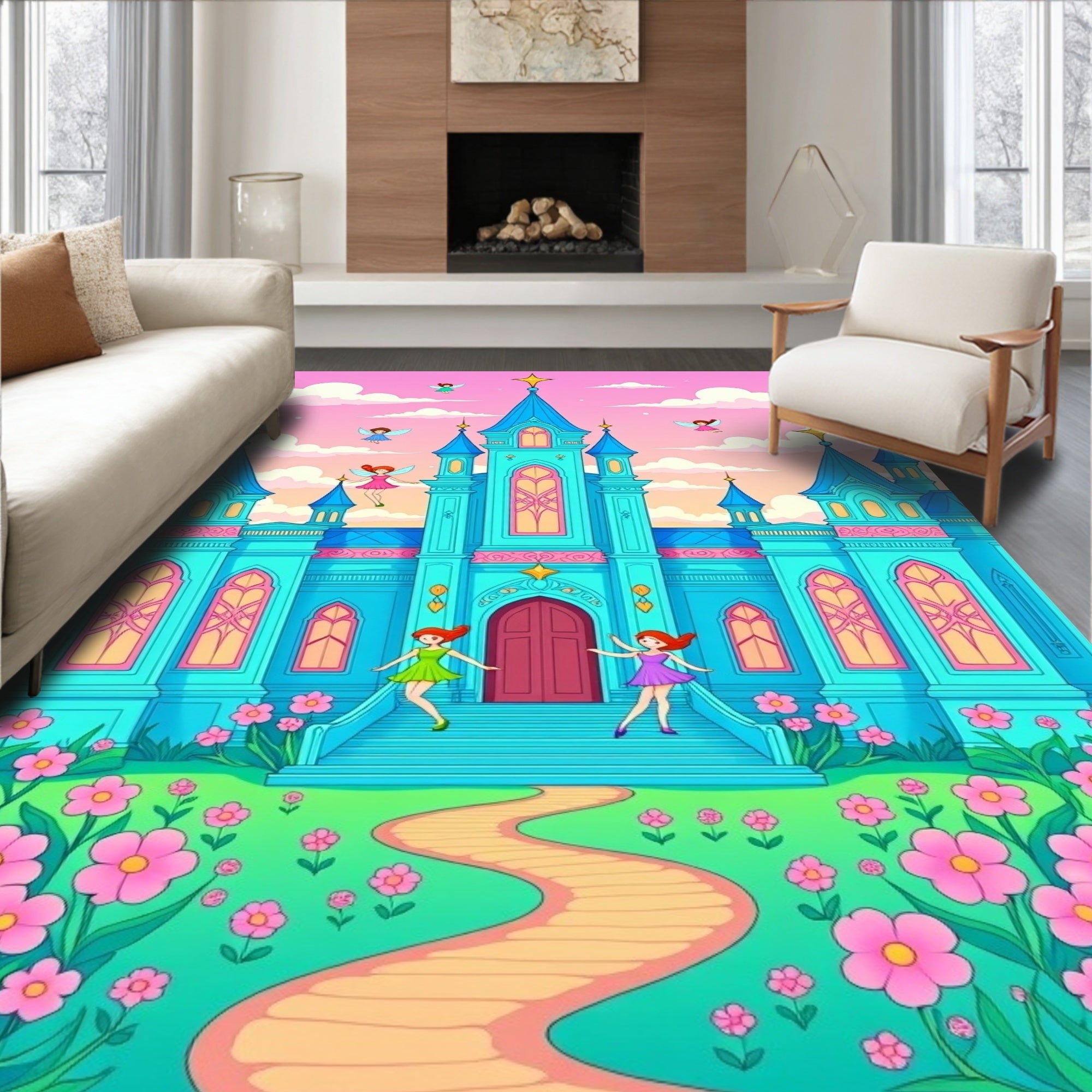 Fairytale Castle Pink Flower Garden Rug
