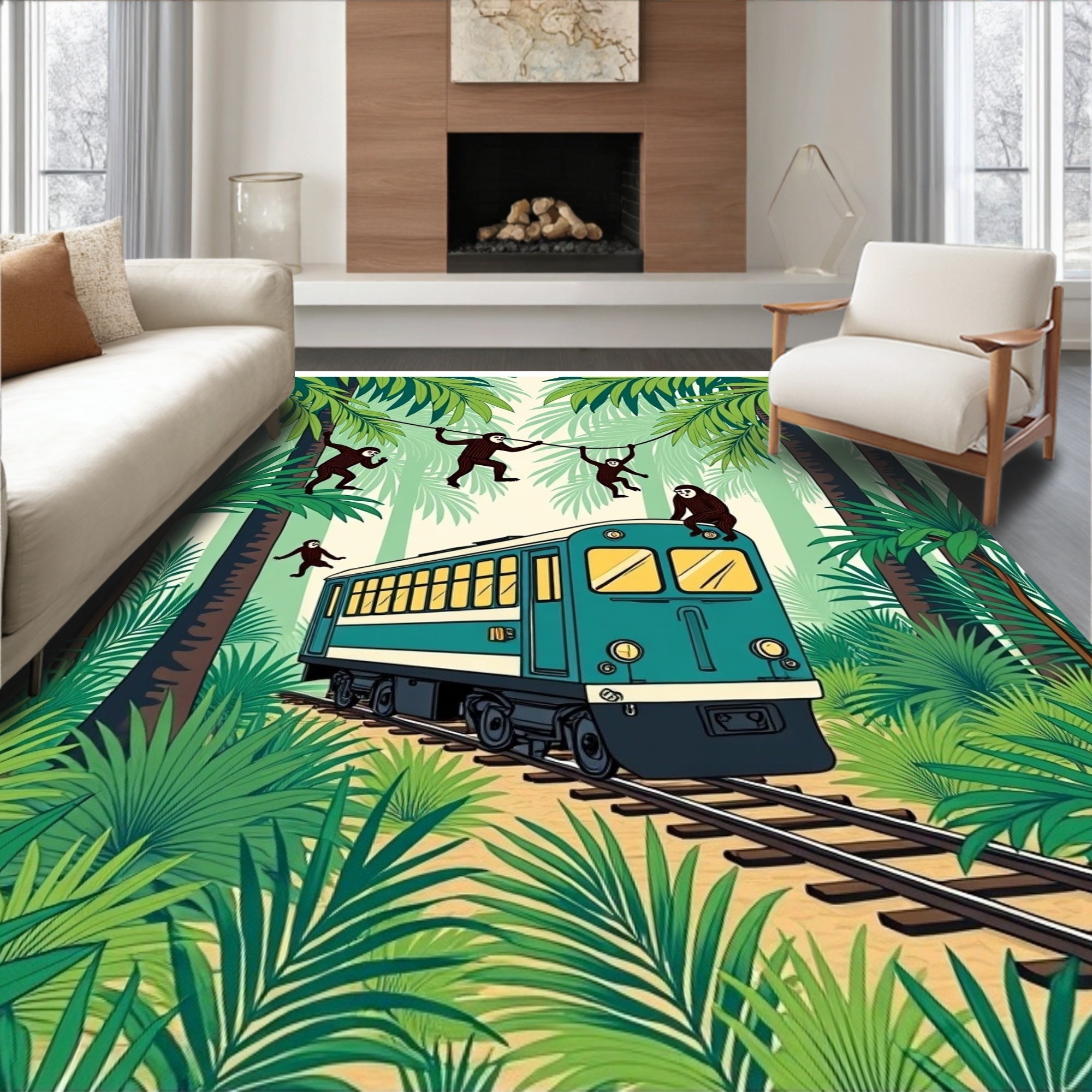 Jungle Train Monkeys Tropical Lush Green Rug