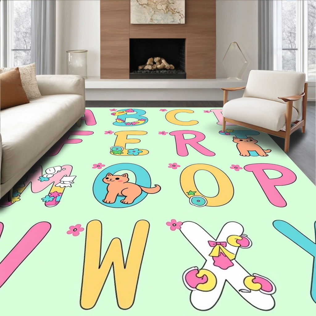 Pink Yellow Blue Alphabet Garden Cats Rug