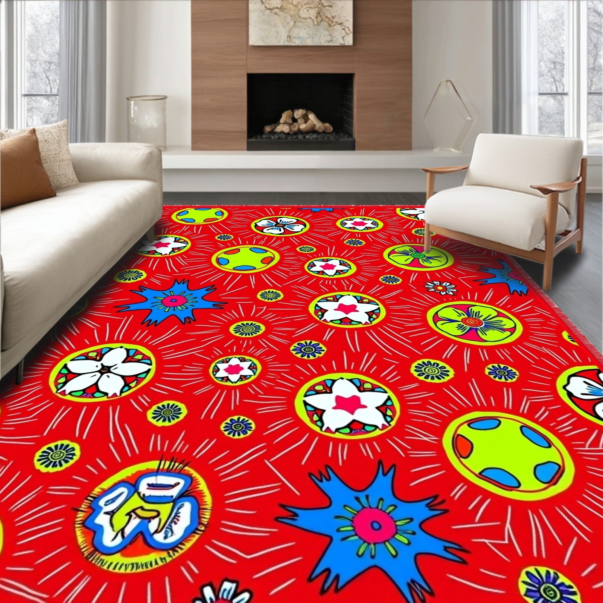 Bright Red Sunburst Floral Medallion Rug