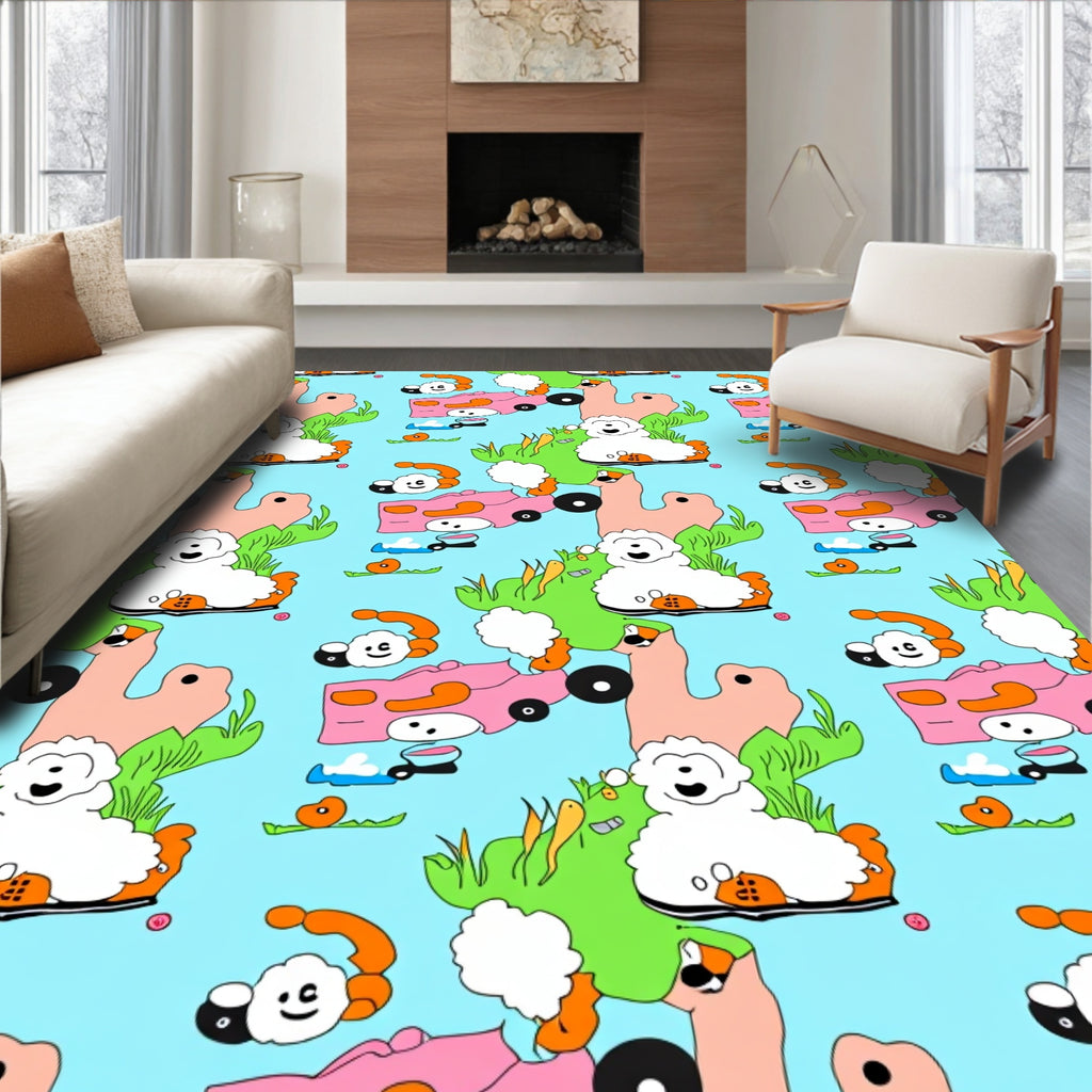 Whimsical Pink Car Sheep Meadow Rug