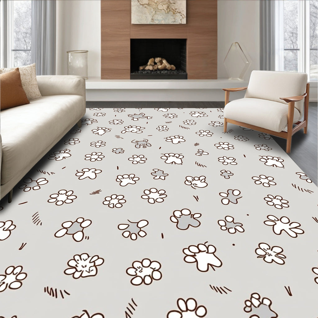 Whimsical Gray Paw Print Floral Rug