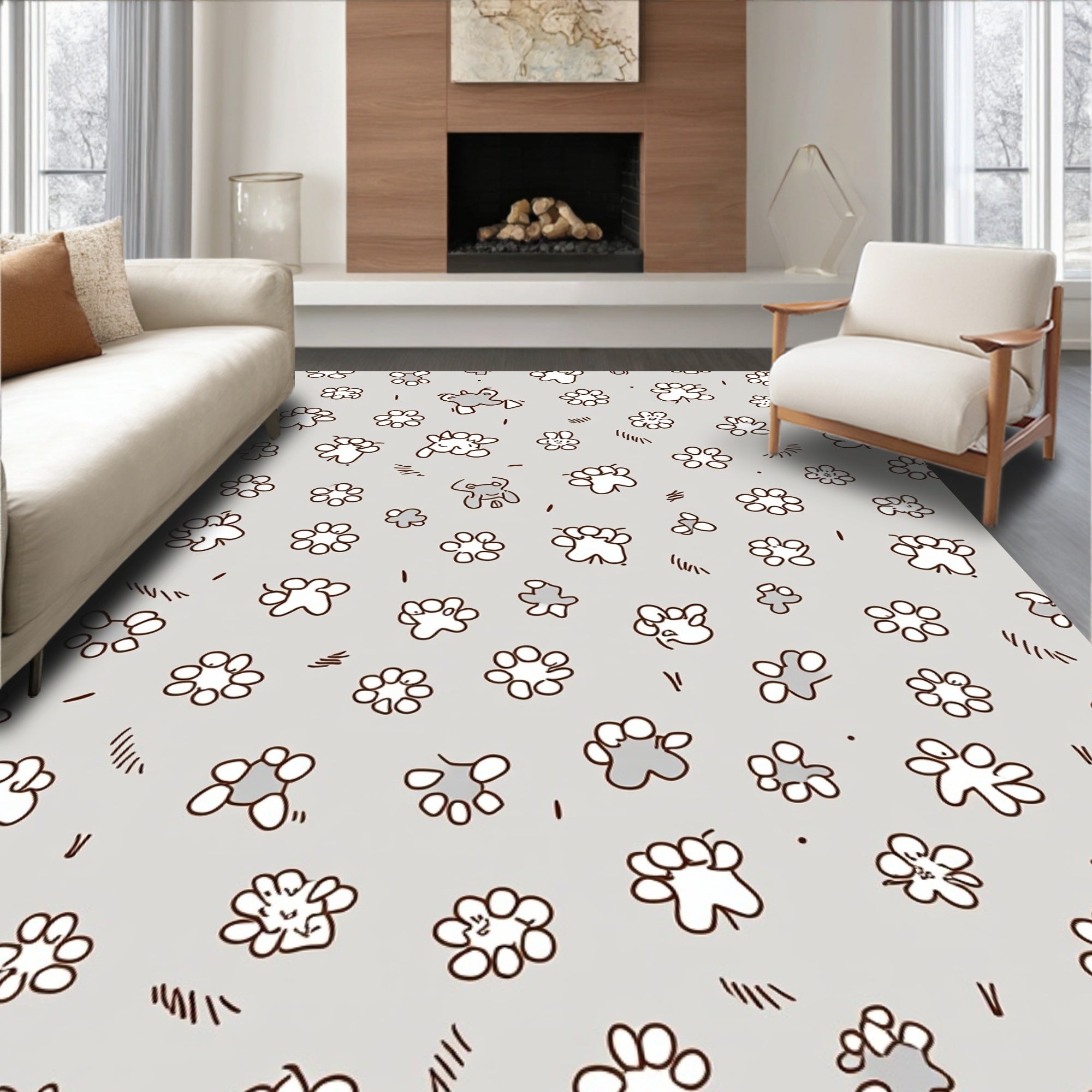 Whimsical Gray Paw Print Floral Rug