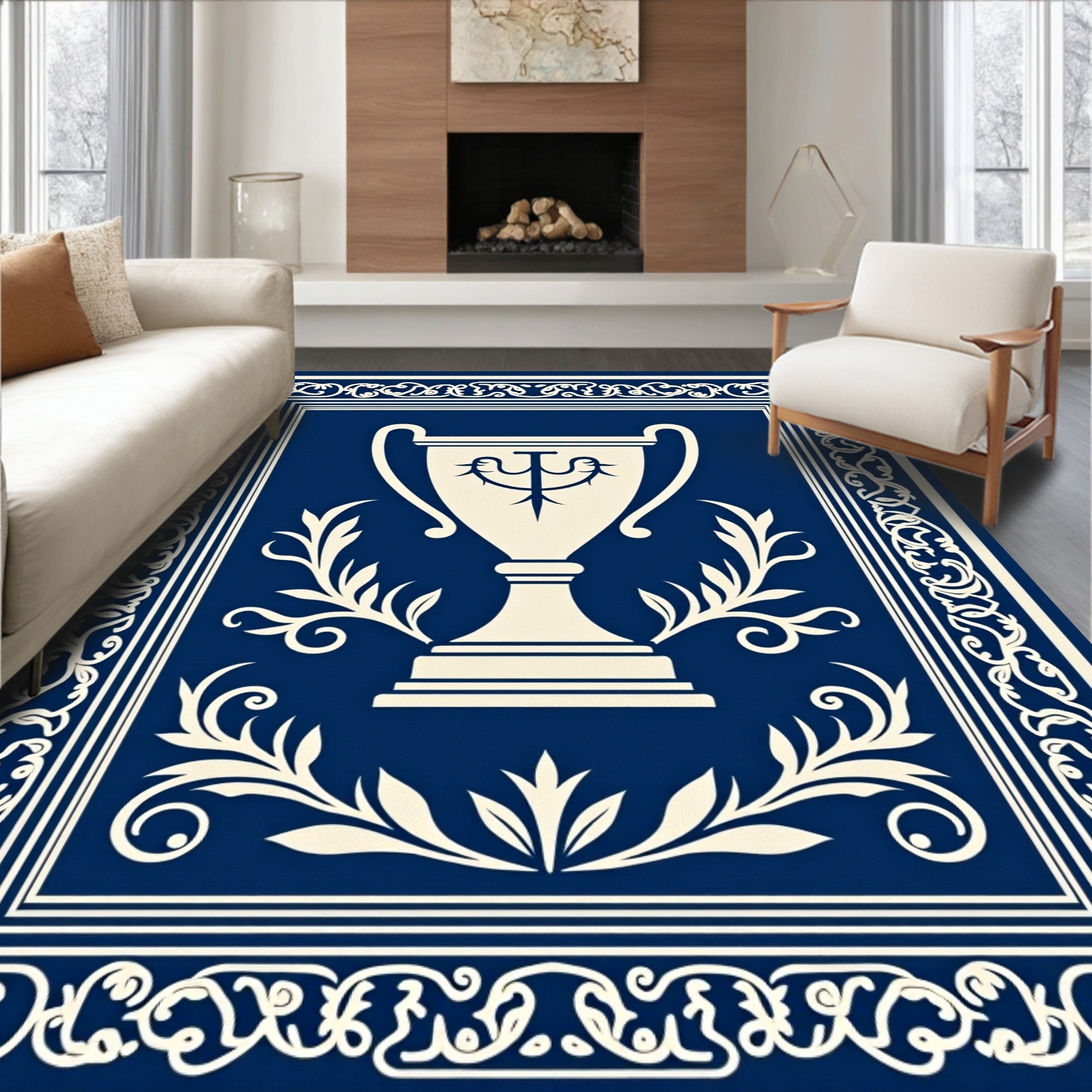 Navy Trophy Laurel Border Design Rug
