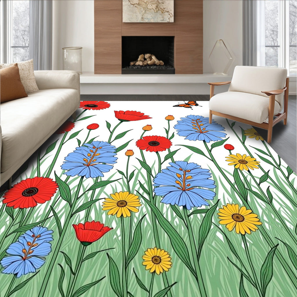Vibrant Meadow Flowers Butterfly Garden Rug