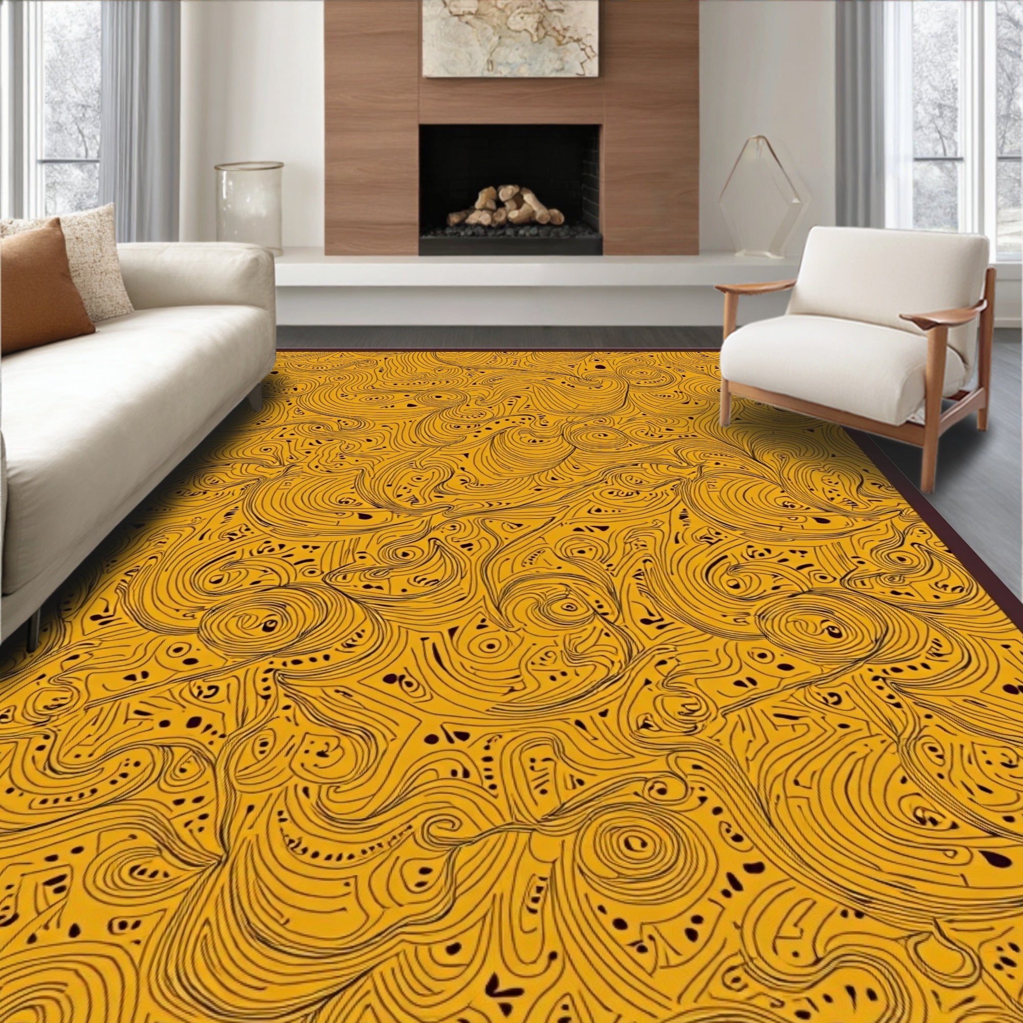 Golden Swirls Flowing Abstract Art Rug