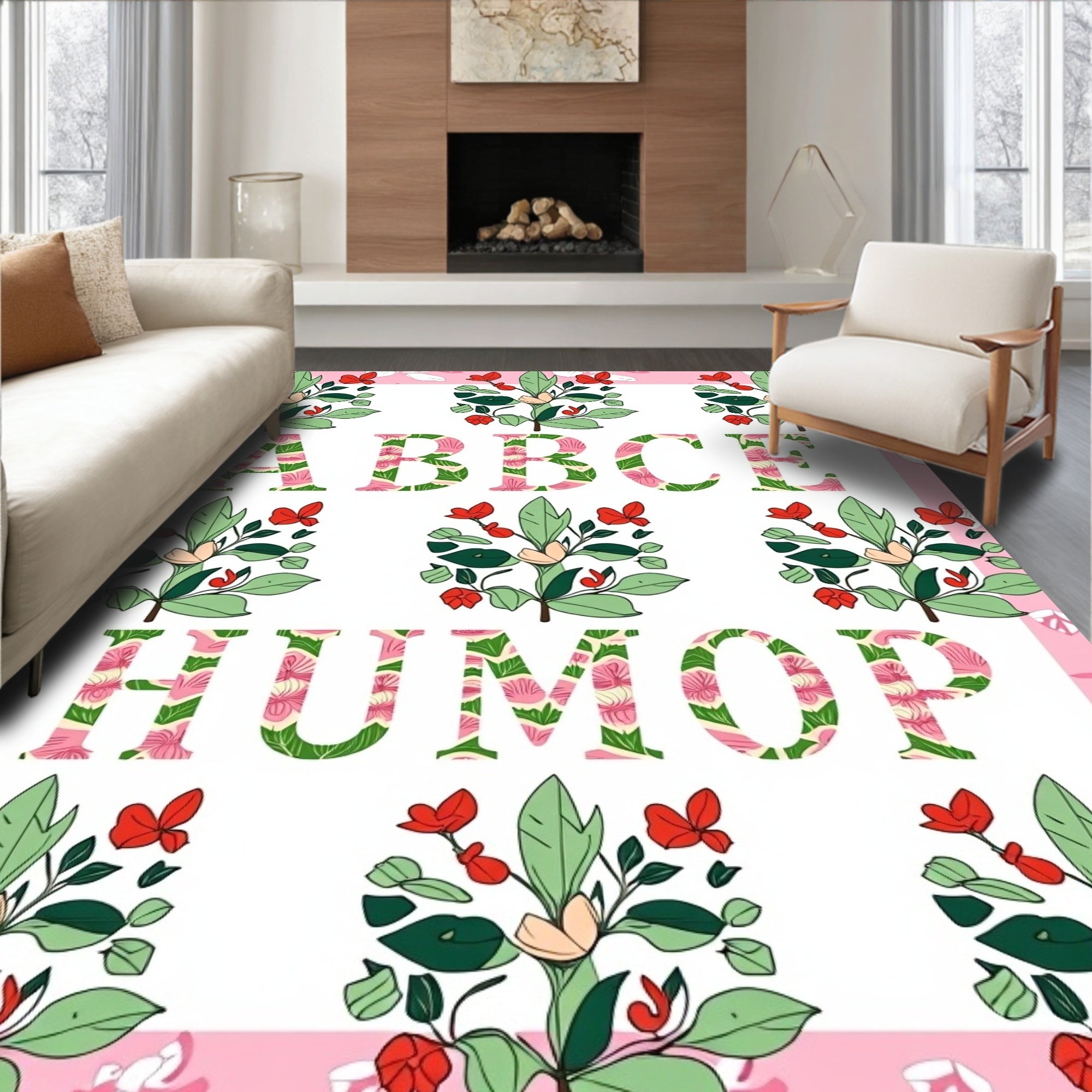 Pink Floral Botanical Alphabet Letters Rug