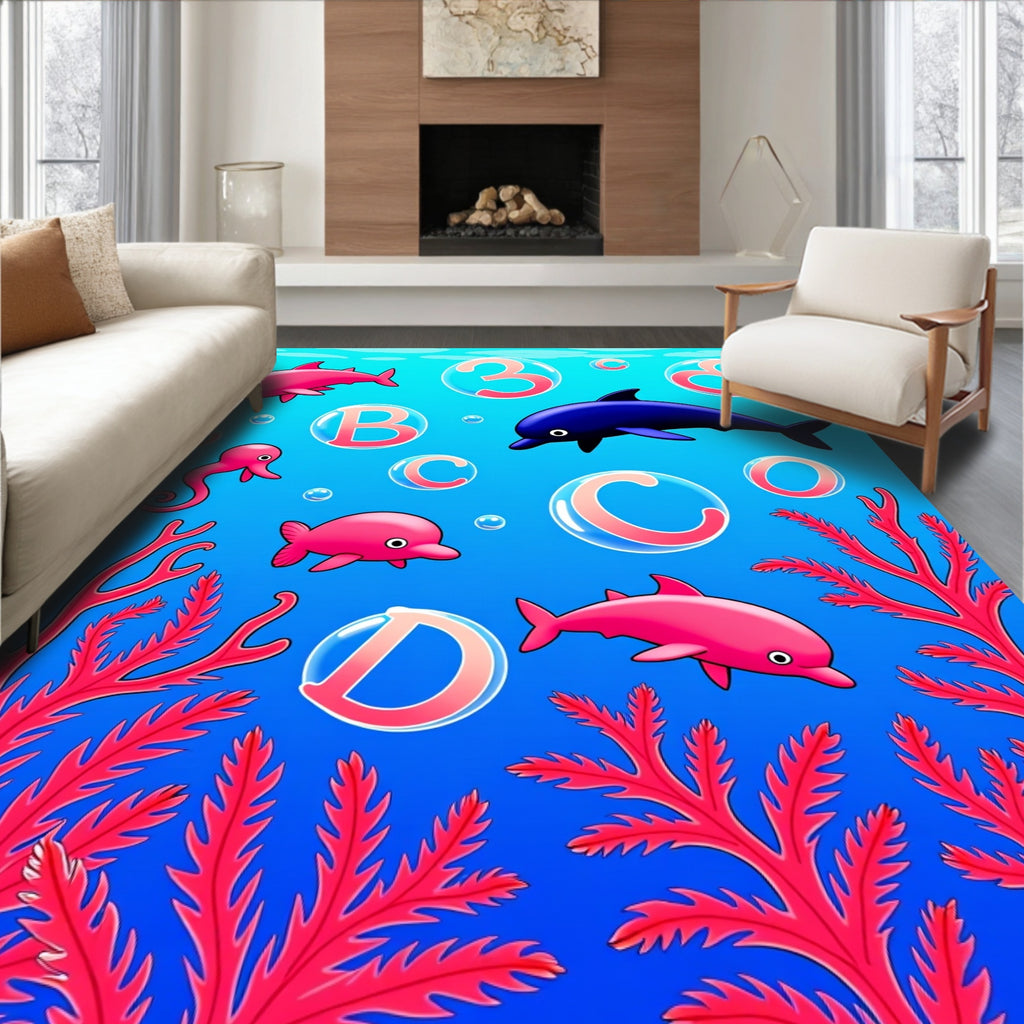 Blue Pink Dolphin Bubbles Coral Rug