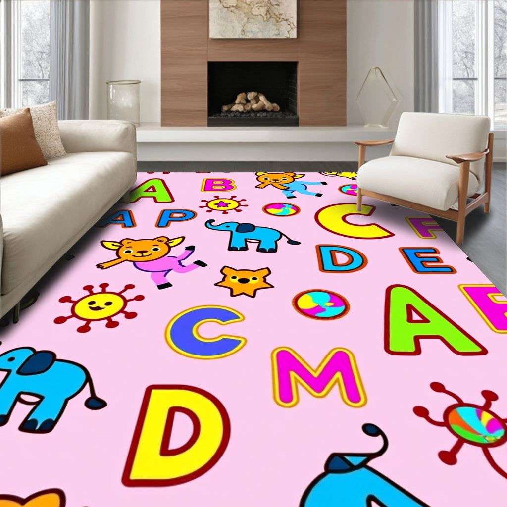 Happy Alphabet And Animals Pink Rug