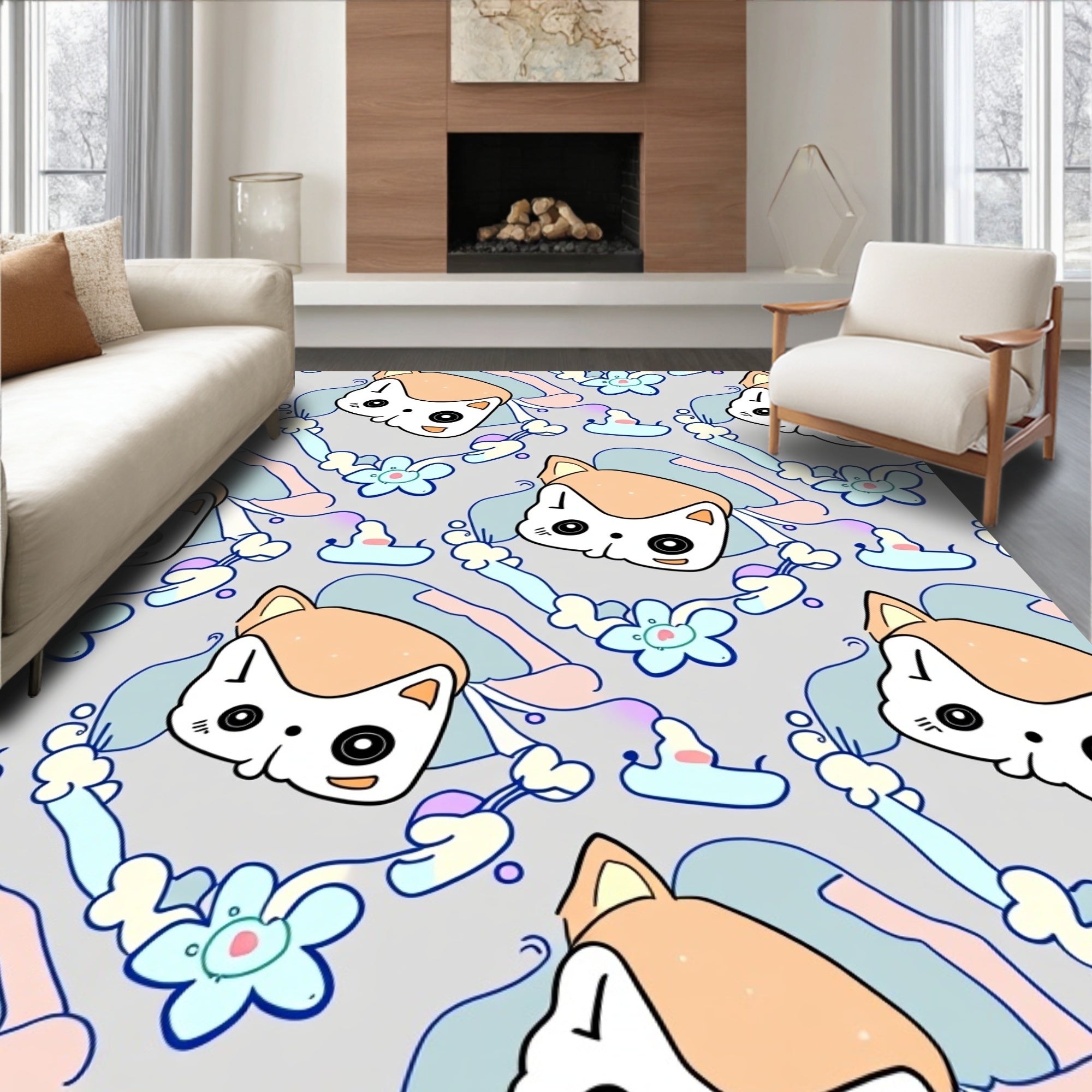Whimsical Cat and Flower Pastel Abstract Rug