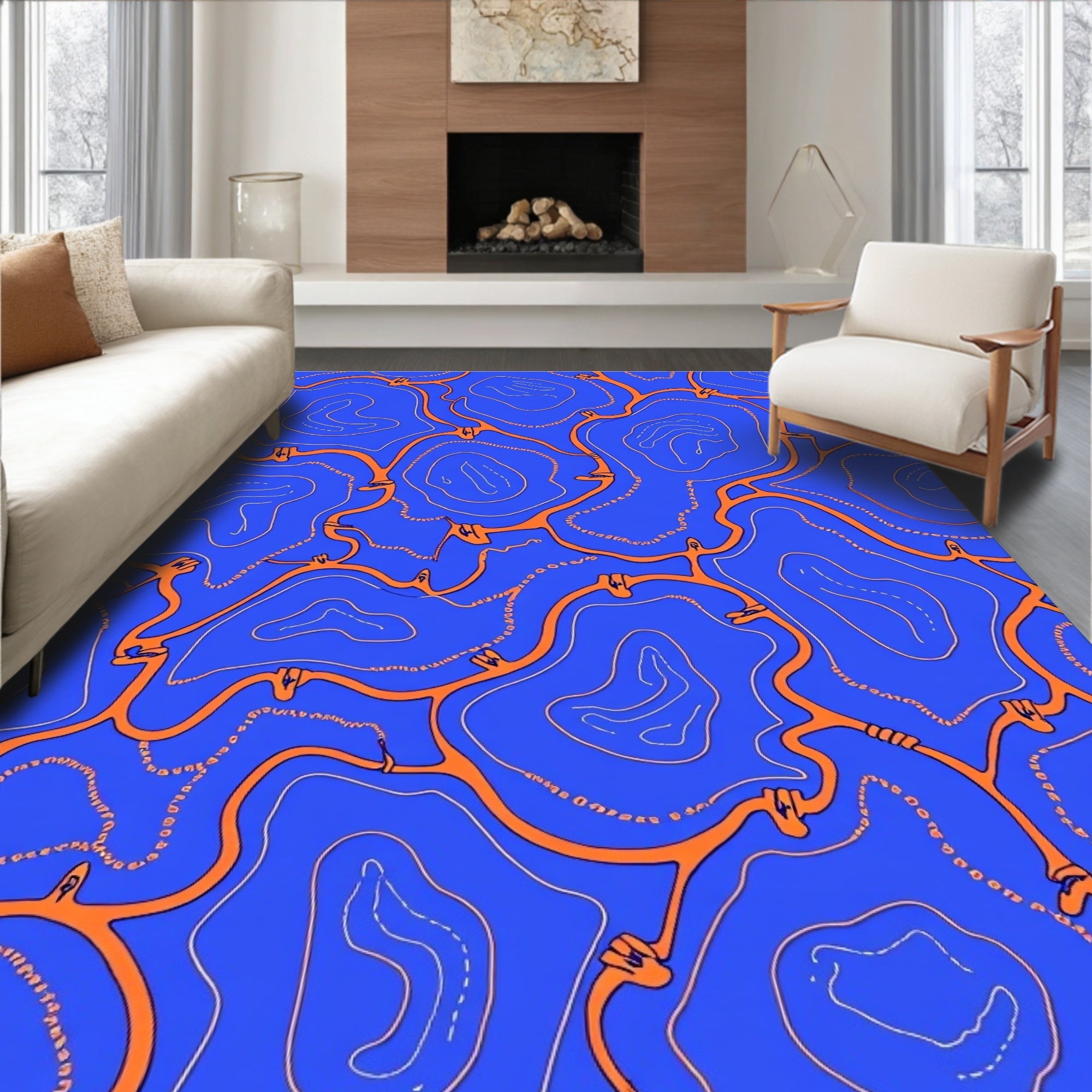 Vibrant Blue Orange Organic Flow Rug