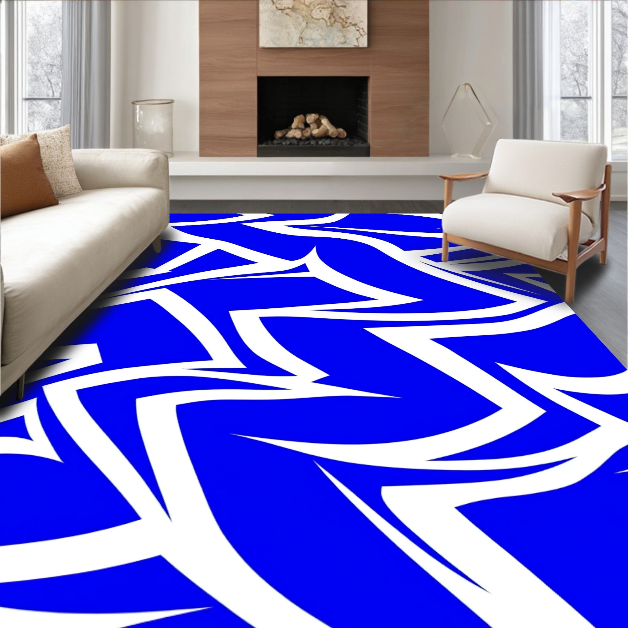 Bold Blue White Angular Swirl Rug