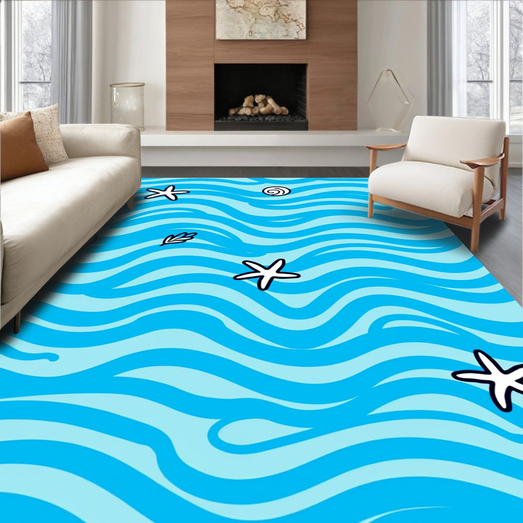 Ocean Blue Wavy Starfish Seashell Rug