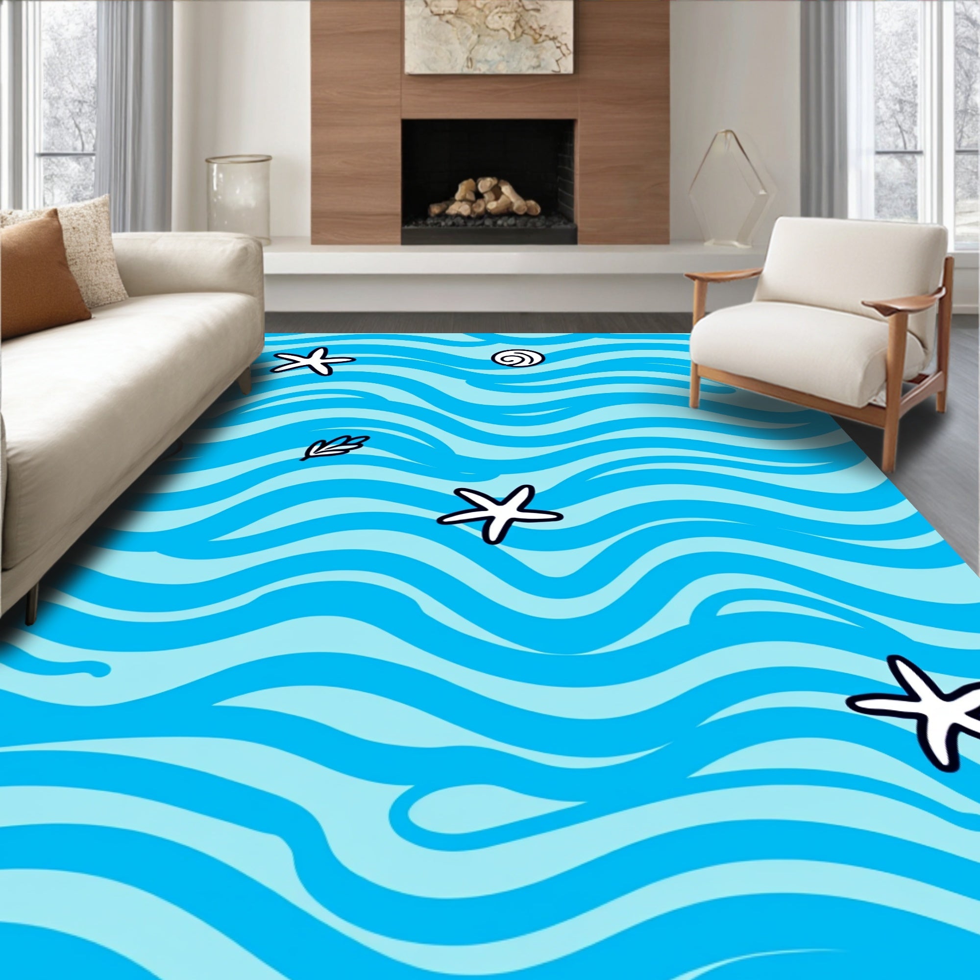 Ocean Blue Wavy Starfish Seashell Rug