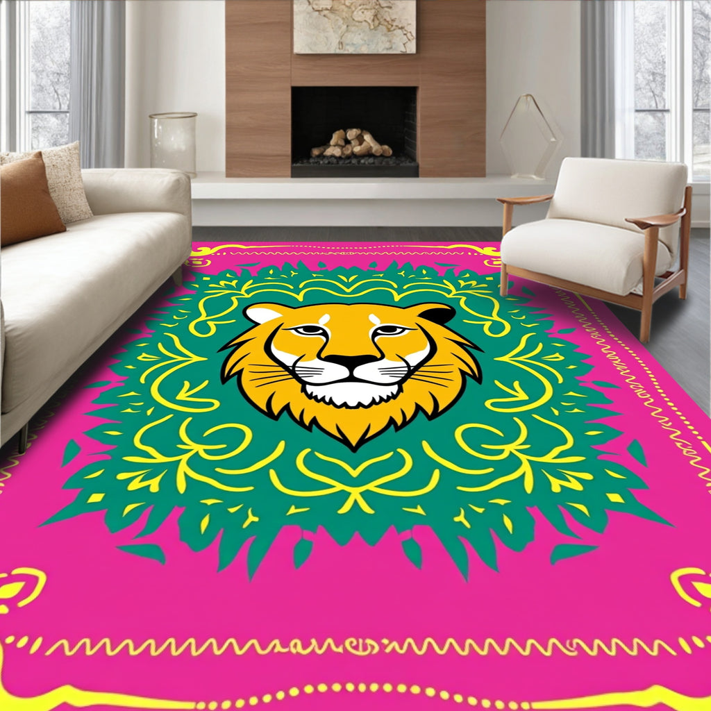 Vibrant Lion Head Geometric Medallion Rug