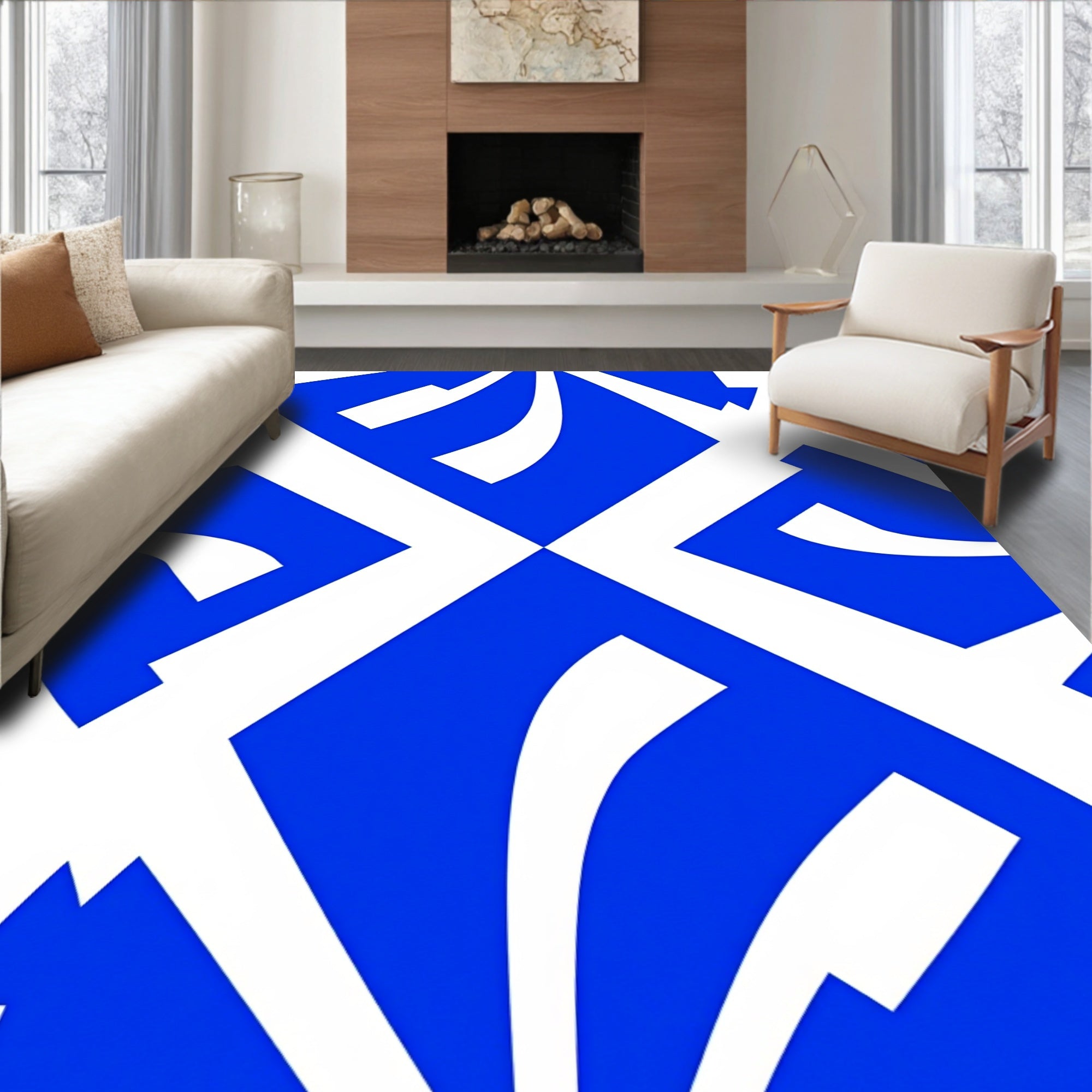 Bold Blue White Abstract Overlay Rug