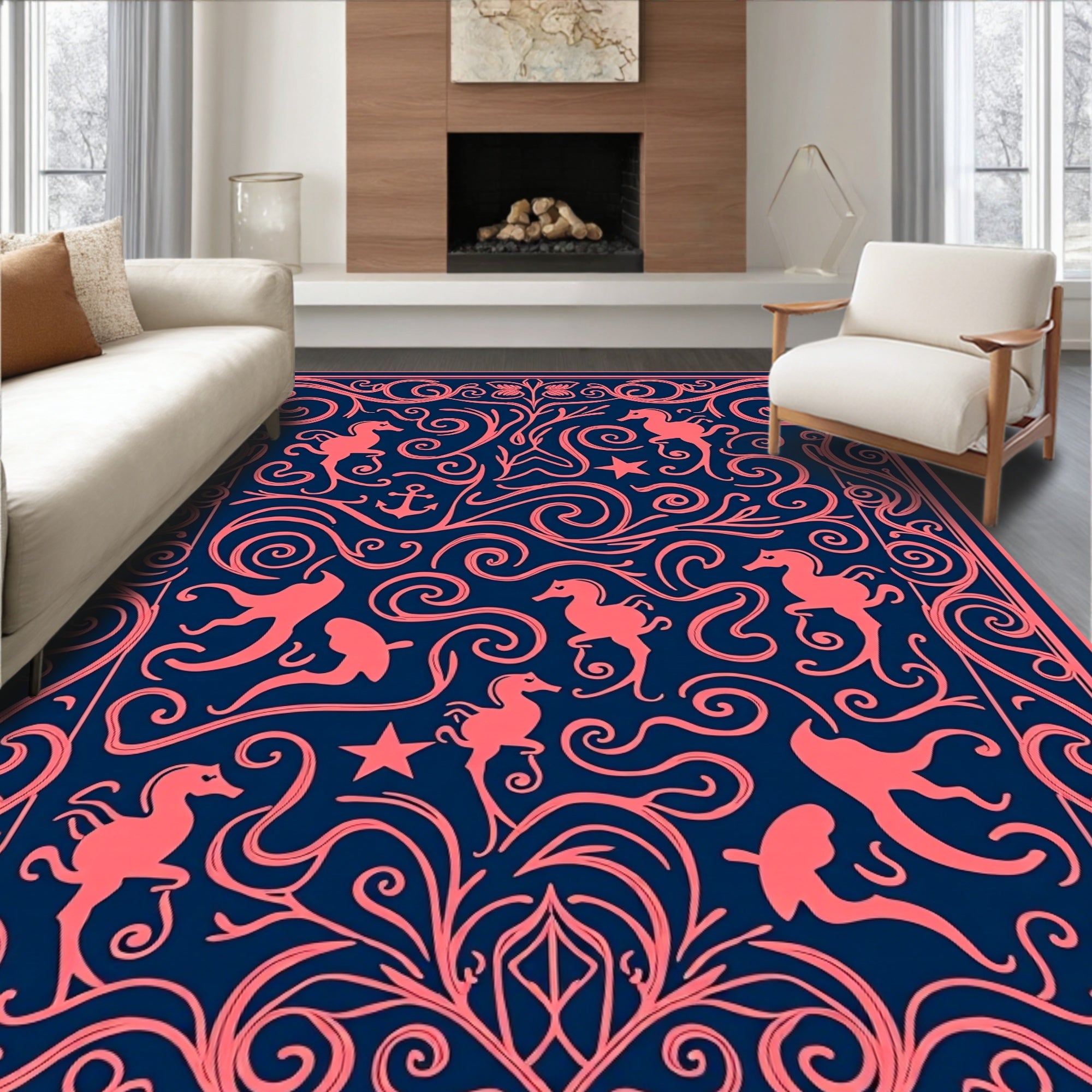Coral Seahorse Swirl Navy Blue Rug