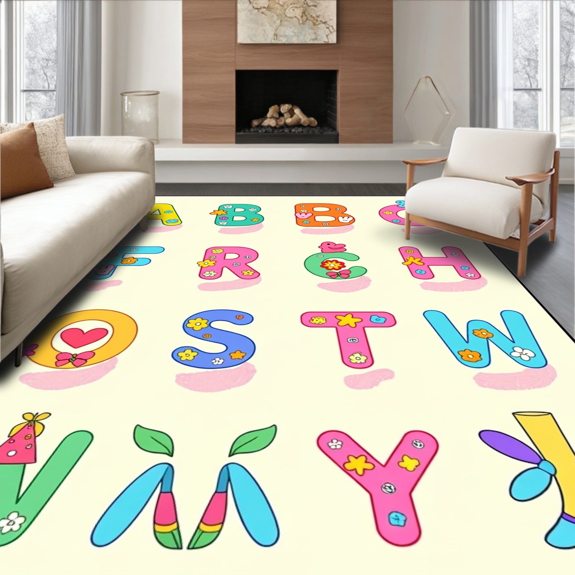 Whimsical Alphabet Garden Floral Rug