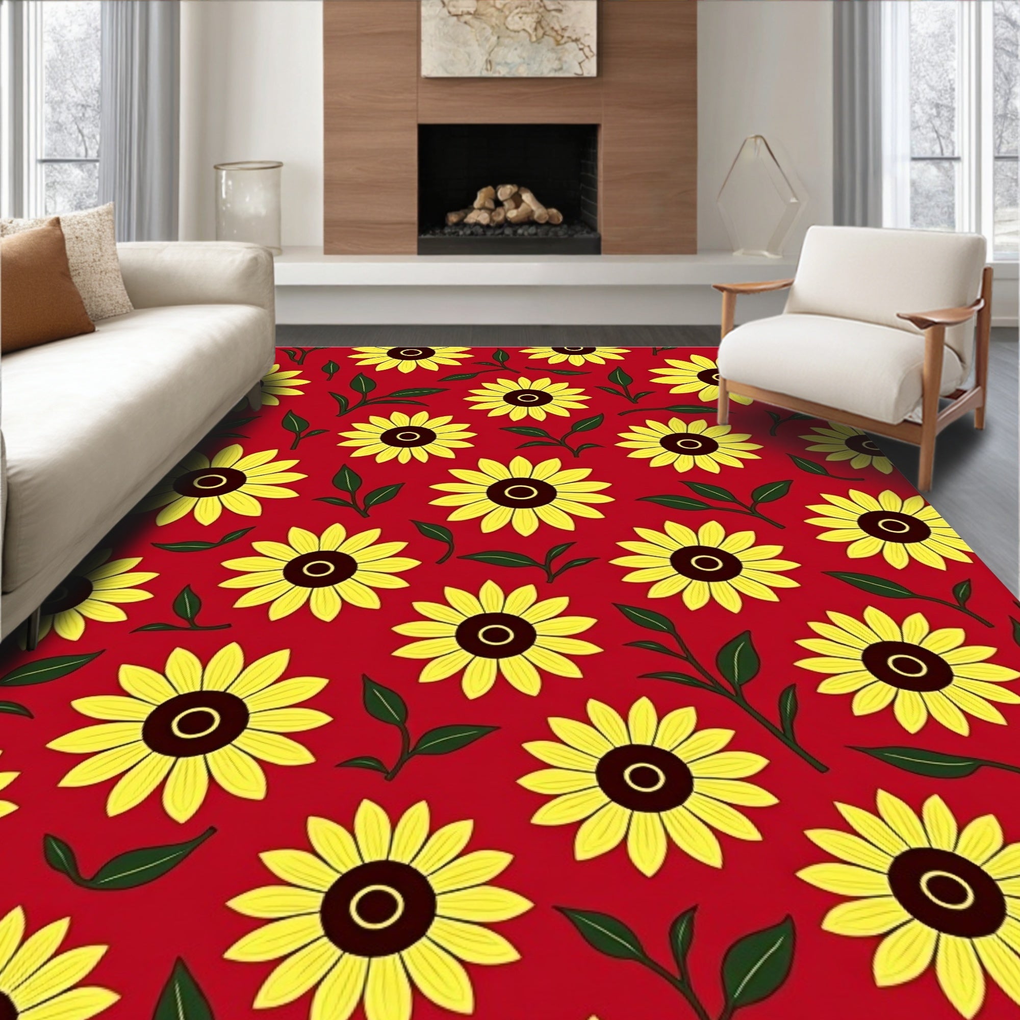 Radiant Yellow Sunflower Red Field Rug