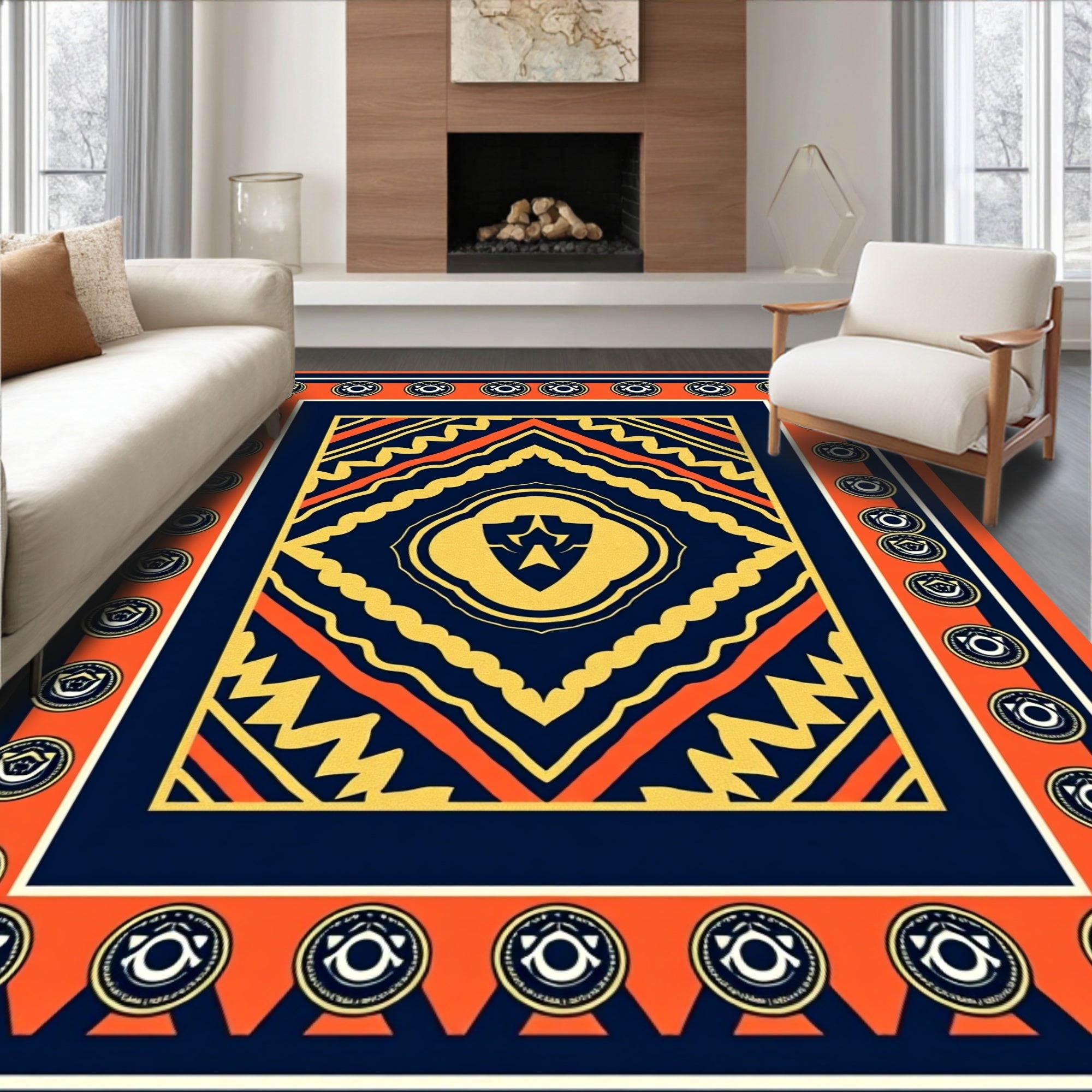 Bold Orange Navy Geometric Medallion Rug