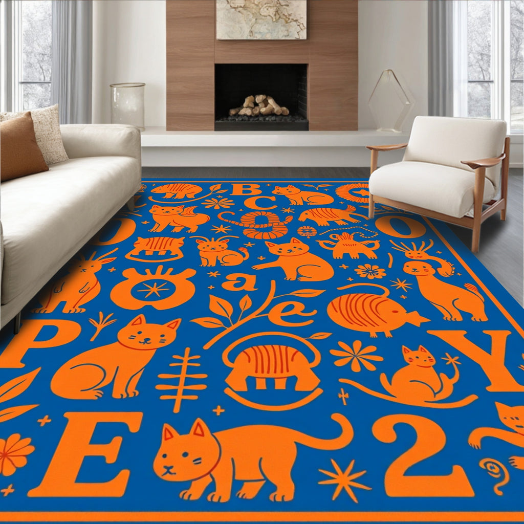 Whimsical Orange Animals Alphabet Collage Rug